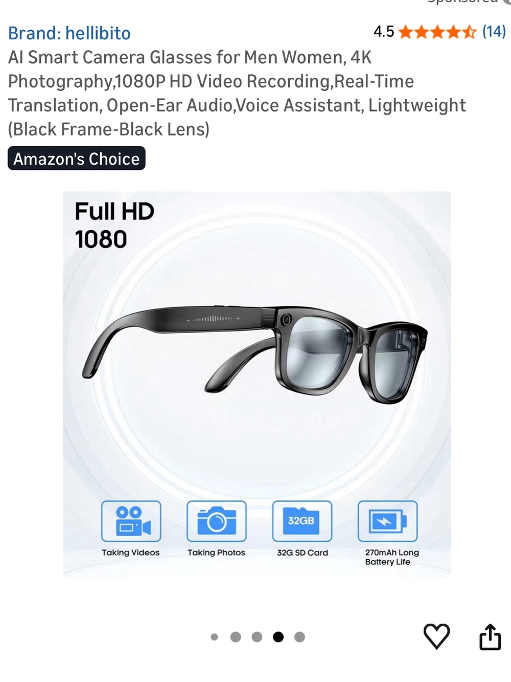 Black Smart Camera Sunglasses - Full HD 1080 Video